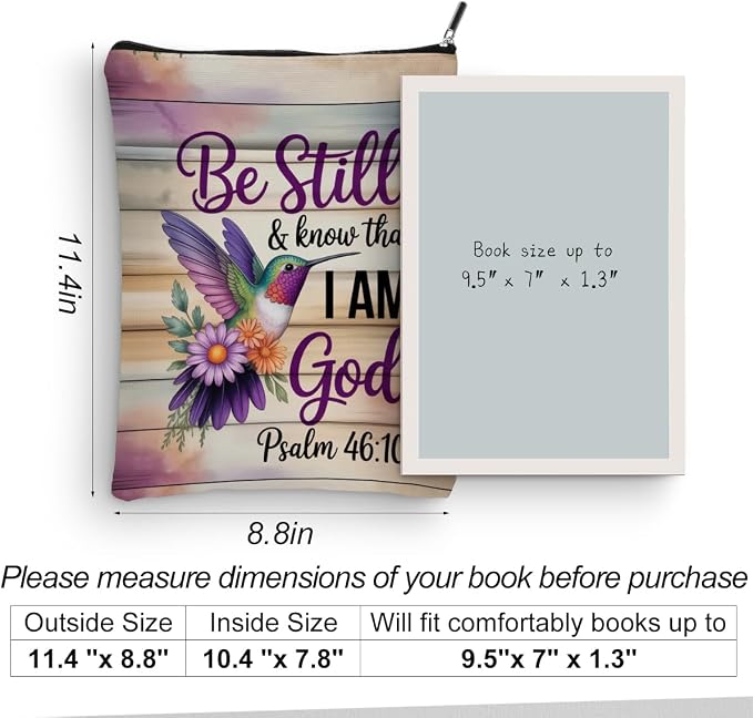 Colorful Hummingbird Christian Book Sleeve, Book Lovers Gifts Sleeve with Zipper & Front Pocket, 11.4x8.8 Inch Canvas Books Cover Protector Bookish Bible Gifts for Readers Librarian Women Teacher