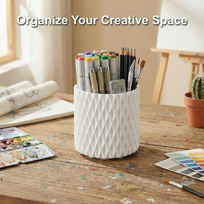 White Pen Holder for Desk, 360° Rotating Pencil Holder with 5 Slots - Spinning Desk Organizer & Pencil Cup for Art Supply, Office Pen Organizer for Home, School, Desk Accessories