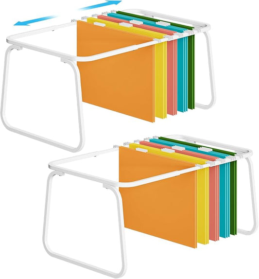 Marbrasse Hanging File Folder Frame, Adjustable Letter Size File Holder 16-25 Inches, Metal File Cabinet Rails for Office, Home, School, 2P(White)