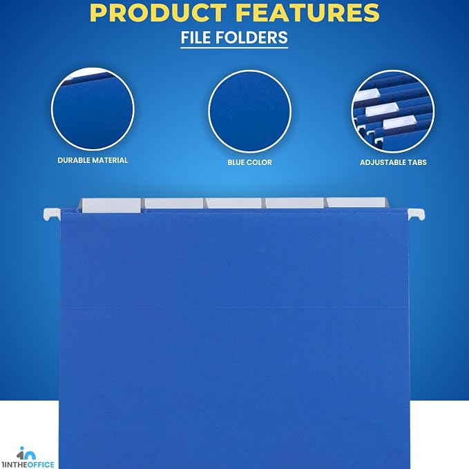 1InTheOffice Blue Hanging File Folders, Hanging File Folders with Tabs, Adjustable Tabs, Letter Size, 25 Pack