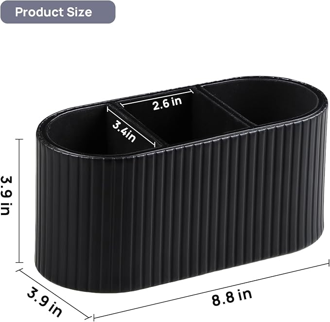 Oval Pen Holder for Desk, Remote Control Holder with 3 Compartments, PU Leather Small Desk Organizer Remote Caddy, Aesthetic Pencil Holder Desk Accessories for Home Office (Black)