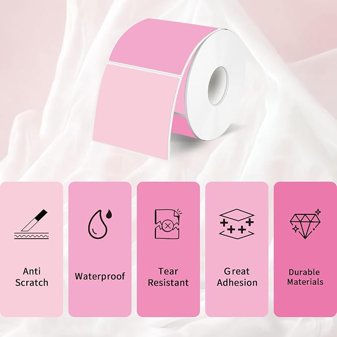 Square Thermal Labels Stickers 2" x 2", Pink Self-Adhesive Square Direct Thermal Labels Stickers, Waterproof& Perforation Line Design- 300 Sheets/Gradient Color