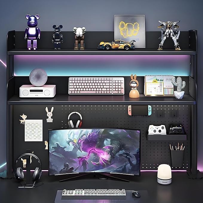 CHSSIH Clamp On Desk Pegboard Shelf - Metal Desktop Organizer Hutch with 2 Shelves for Storage and Display, Desk Add-On Shelf for Office, Dorm, or Computer Monitor Stand, Black, 23.6In