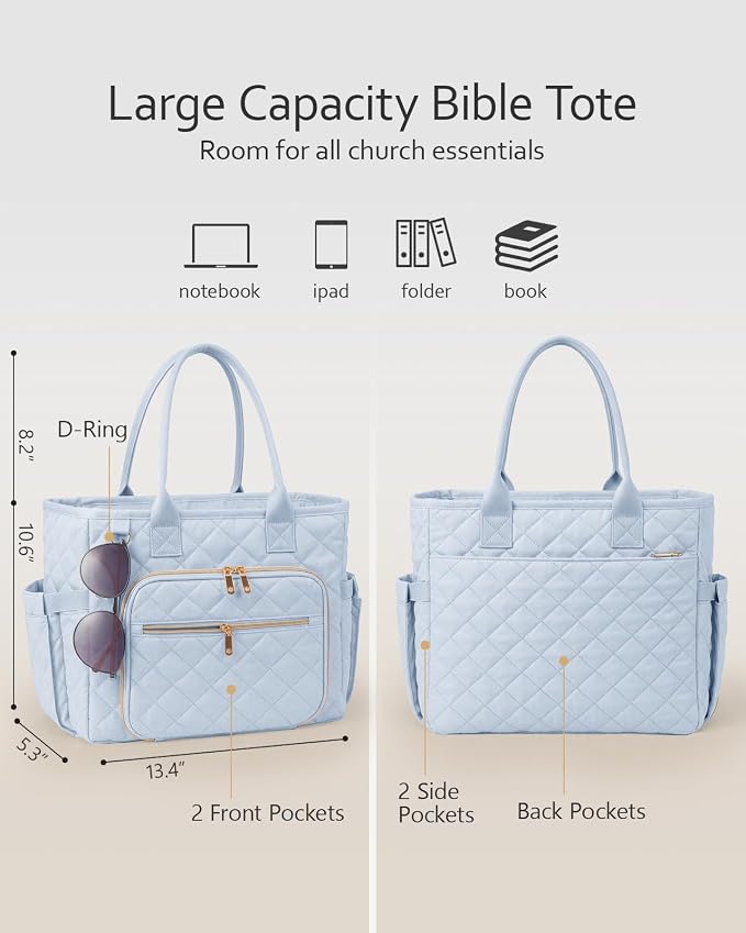BellaHold Large Bible Bag with Bible Cover Case for Women, Church Bag with Bible Study Supplies & Shoulder Strap, Quilted Bible Tote Bag, Christian Gift for Women,Blue