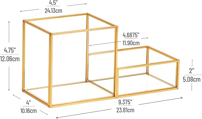 Mind Reader 2-Compartment Glass Catch-All Tray with Copper Trim, Desk Accessory Organizer for Office Supplies, Keys & Small Items, Glass and Copper, Clear
