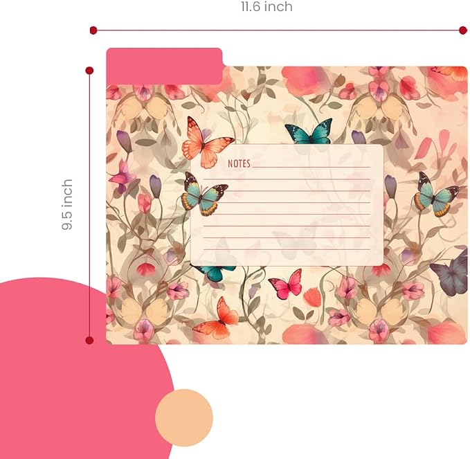 12pcs Decorative File Folders Letter Size, Butterfly Design Folders with Notes, Cute File Office Folders with Floral Patterns, 1/3 Cut Tab, Matte Paper Archival File Folders