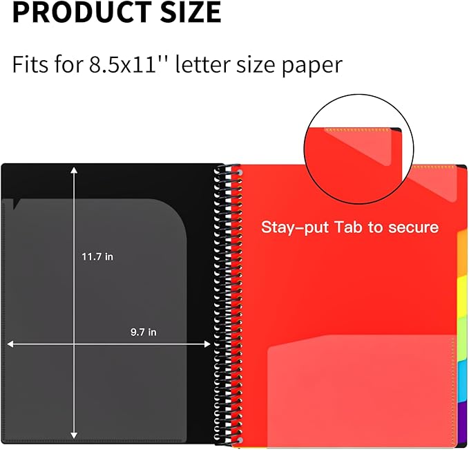 12 Pocket Project Organizer, 6 Colors Multi Pocket Folder Binder with Dividers, Spiral Pocket Notebook with Zipper Pouch, Office Organizer File Folders, Letter Size, School Supplies, Black