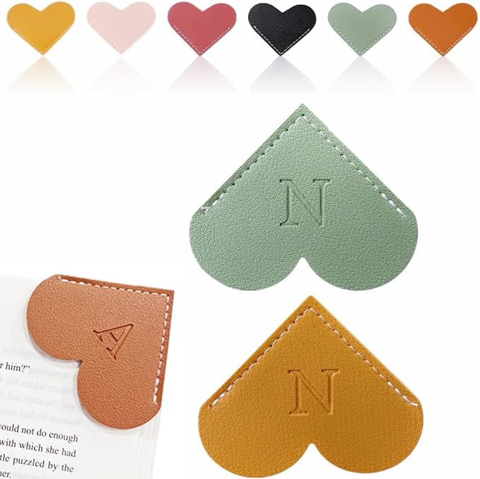 Personalized Leather Heart Bookmark, 26 Letters Customized Corner Book Mark for Reading Women, Book Marker with Initials，Cute Gifts (Green+Light Brown, N)
