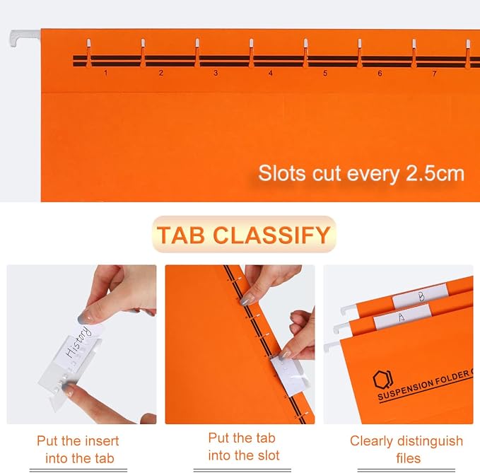 A4 Hanging File Folders, 25 Pcs Recycled Card File Folders for Filing Cabinet with Tabs and Card Inserts, Hanging Files Storage Folders for Office and School, Orange