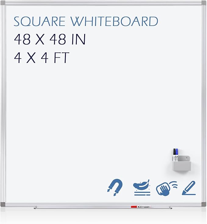 SWANCROWN Magnetic Dry Erase Whiteboard 48" x 48" Large White Board for Wall, Silver Aluminium Frame, Square Wall-Mounted White Board for School, Office and Home, 4' x 4'