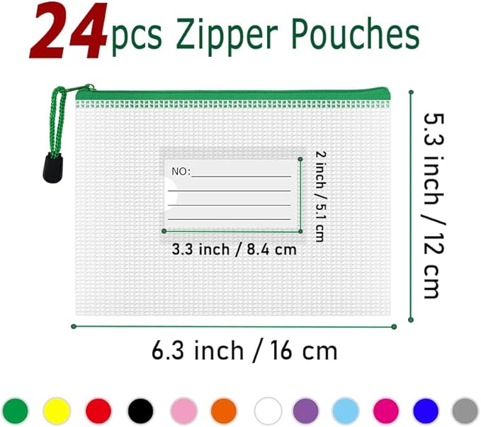AUSTARK 24pcs Mesh Zipper Pouch Bags with Label, Multipurpose Waterproof Organization Storage Bag for Office School Home Travel (6.3''x4.7'', 12-Colors Zipper)