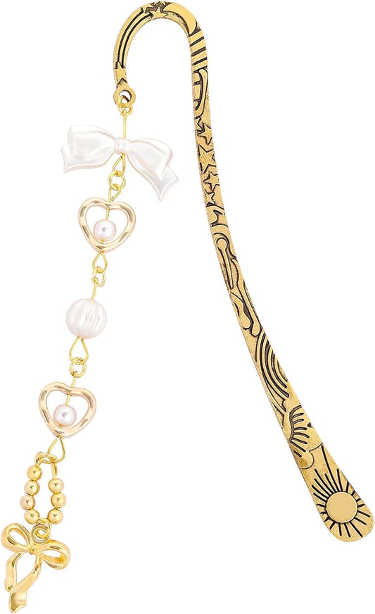 Cute Bow Metal Bookmark - Charm Bookmarks Gifts Reading Lover Women Girls Unique Aesthetic Y2k Beads Pearl Star Page Marker Readers Birthday Students Teachers School Graduation Accessories