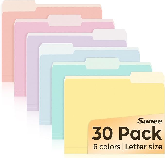 SUNEE File Folders, 30 Pack Manilla Folders 8.5 x 11, Colored File Folders Home Office School Supplies for Documents Files Paper, 6 Soft Colors