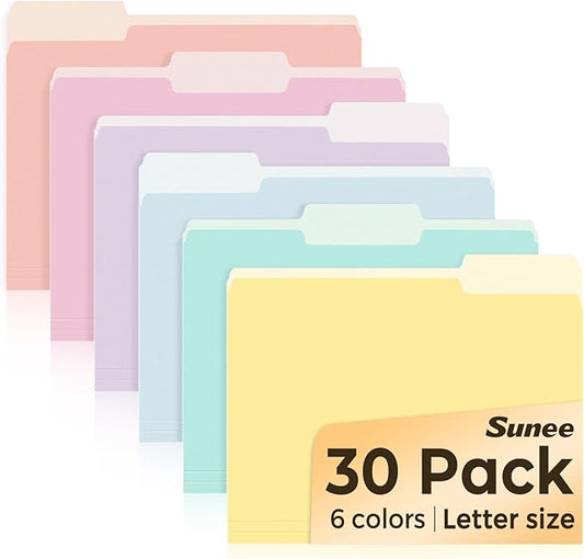 SUNEE File Folders, 30 Pack Manilla Folders 8.5 x 11, Colored File Folders Home Office School Supplies for Documents Files Paper, 6 Soft Colors