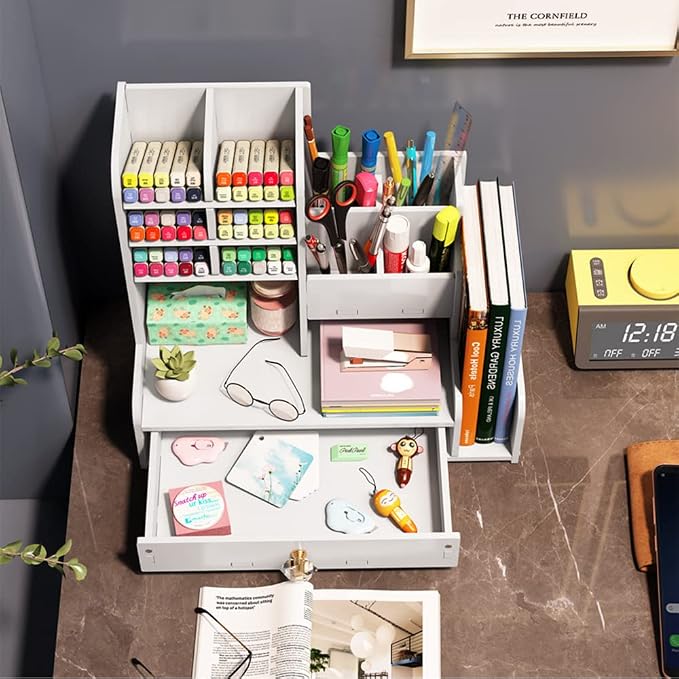 Hggzeg Desktop Pen Organizer, Stationary Organizer with Drawers and 2 File Holder, Art Supply Storage, Multi-Functional Pen Pencil Holder, for Home, Office and School