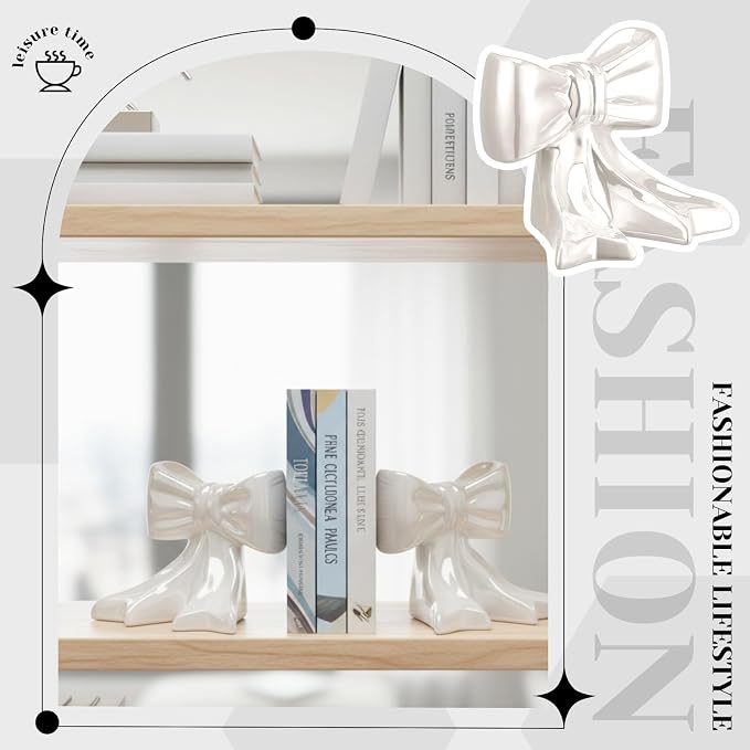 Leinuosen 2 Pcs White Bow Bookends Ceramic Cute Book Ends Decorative Book Stand Bow Sculpture Statues Tabletop Shelf Ornament Room Decor for Home Office School Dorm Girl Desk