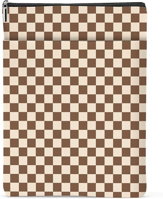 Brown Plaid Book Lovers Gifts Book Sleeve Vintage Checkered Waterproof Book Cover Book Pouch Book Protector with Front Pocket Book Club Christmas Birthday Gifts for Women Girl Reader Book Accessories
