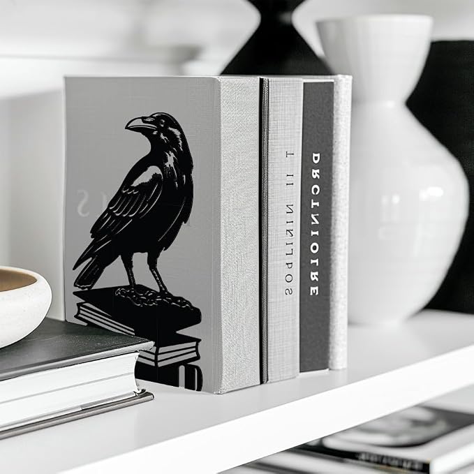 Peacoblue Metal Bookends for Shelves, Modern Decorative Heavy Duty Study Book Support Stoppers for Office, Desk, Shelf, Room 5.3"x4.3"x7.9" Cast Iron Simple Tall Bookends, 1 Pair (Crow on Book Stack)