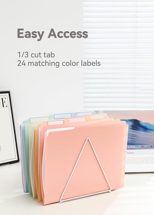 SortRax Plastic Manila Folders 8.5 x 11, 12 Pack, Poly Pastel File Folders, 1/3-Cut Tabs with Colorful Labels, Letter Size