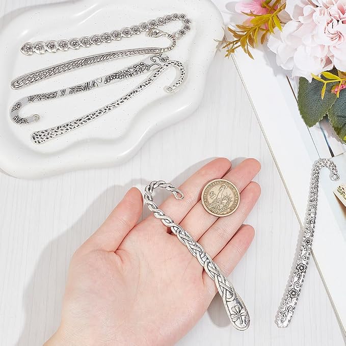 SUNNYCLUE 12Pcs 6 Styles Hook Bookmark Silver Hairpin Bookmark Bulk Alloy Retro Tibetan Chinese Style Flower Branch Bookmarks Findings with Hole Book Mark Blank for Crafts Jewelry Making Gifts DIY