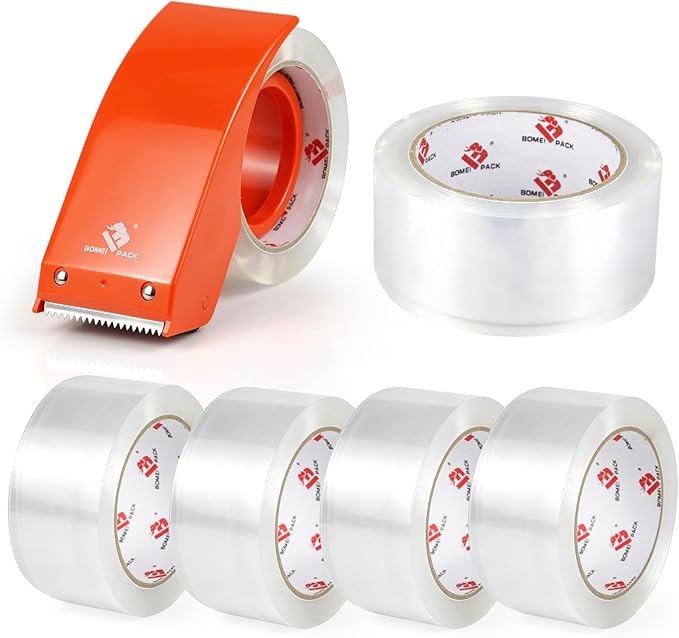 BOMEI PACK Heavy Duty Packing Tape with Dispenser 1.88'' x 66 YDs, Clear Box Tape for Packaging Shipping Moving Storage and Mailing, Strong Package Tape 6 Rolls + 1 Dispenser, Total 396 YDs