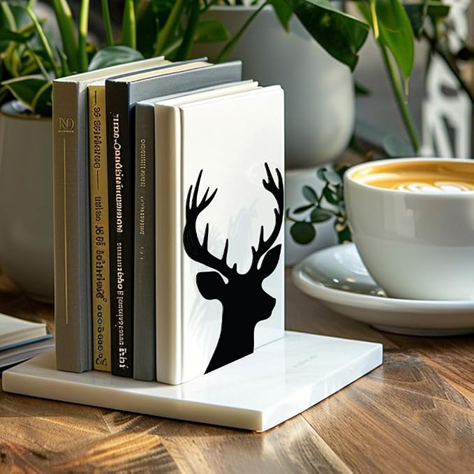 Peacoblue Metal Bookends for Shelves, Modern Decorative Heavy Duty Study Book Support Stoppers for Office, Desk, Shelf, Room 5.3"x4.3"x7.9" Cast Iron Simple Tall Bookends, 1 Pair (Deer Head)