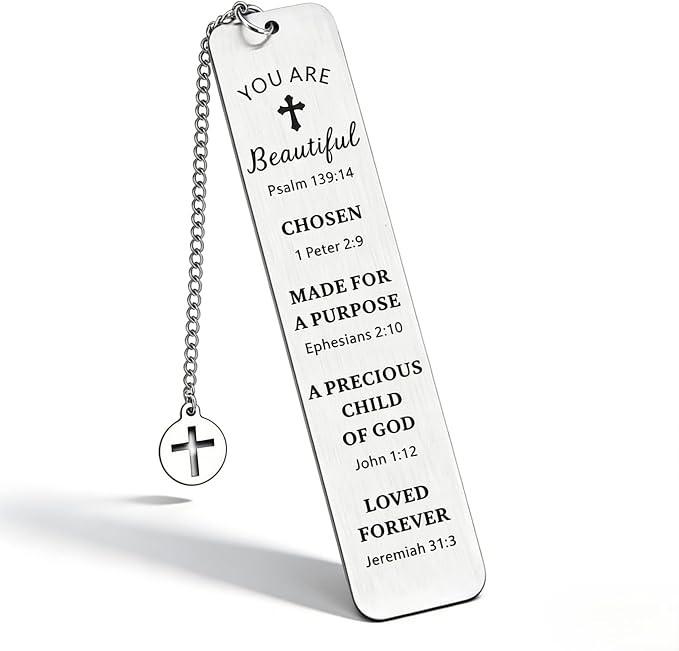 Christian Stainless Steel Bookmark with Cross Pendant – Inspirational Bible Verse Scripture – Perfect Religious Gift for Women, Men, Girls, Baptism, Graduation