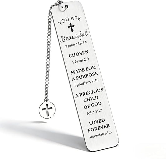 Christian Stainless Steel Bookmark with Cross Pendant – Inspirational Bible Verse Scripture – Perfect Religious Gift for Women, Men, Girls, Baptism, Graduation