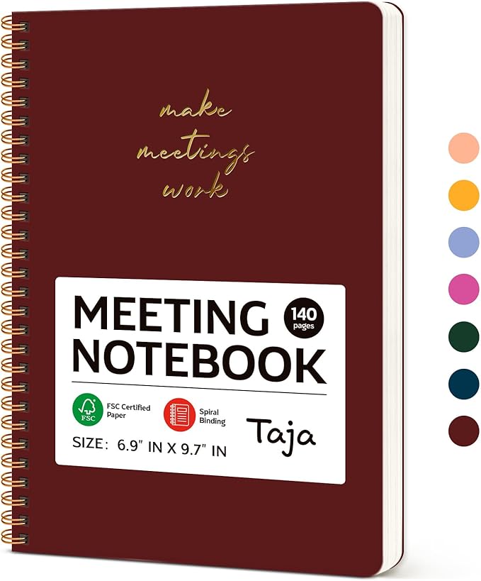 Meeting Notebook for Work Organization - Work notebook with action items, Meeting Minutes Planner Notebook, Perfect Office Supplies for Men & Women - Burgundy