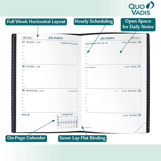 Quo Vadis 2026 Sapa X - Weekly Planner - 12 Months, Jan. to Dec. - 3 1/2 x 5 1/4" - Grained Faux Leather Club Blue Covers - Productivity Time Management Organizer