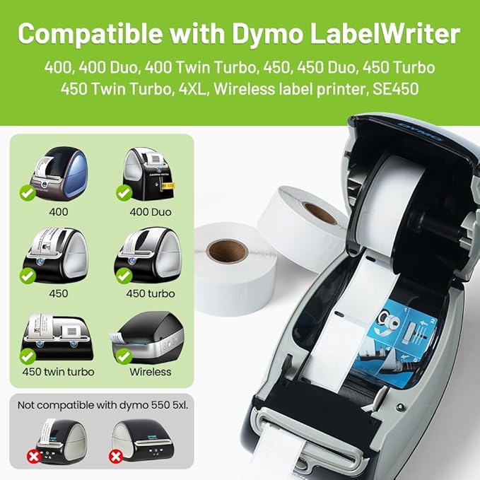 12 Rolls Compatible with Dymo LabelWriter 30330 (3/4" x 2") Multipurpose Labels for 4XL 450 Duo Twin Turbo Printer [500 Counts/Roll]