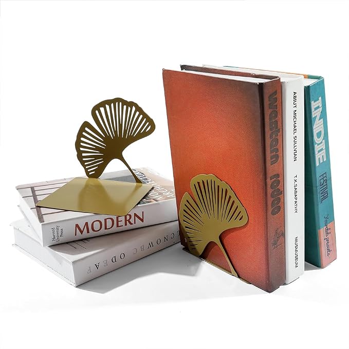Ginkgo Leaf Metal Bookend, Botanical Leaf Veins Heavy Duty Book Stand, Home and Office Bookshelf Decorative End of The Book (Big Ginkgo Leaf)