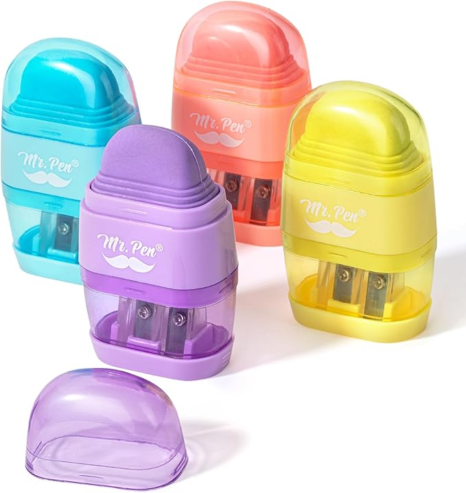 Mr. Pen- Pencil Sharpener & Eraser, 4 Pack, 2-in-1 Manual Sharpeners with Canister, 2 Sharpening Holes for Standard & Jumbo Pencils, Colorful Dual Hole Design for School, Office, Home, Kids