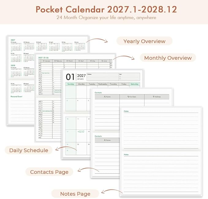 Pocket Calendar 2027-2028 for Purse, Small Pocket Planner 2027-2028 for Purse 3.5×6.5In,24 Month Organizer from Jan 2027- December 2028 Mini Planner with Pvc Cover for Organizing & Planning