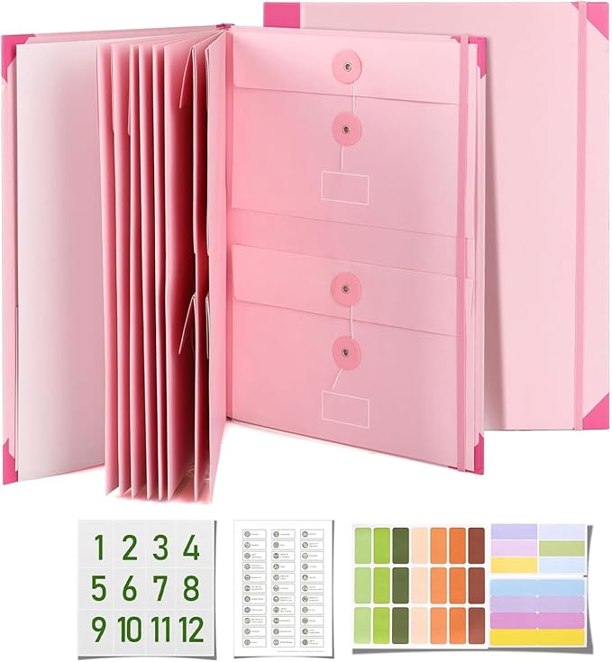 Important Document Organizer, File Folder with Labels and 12 Pockets, Expanding Storage Folder for Family Emergency Binder, Life Binder Organizer for Photos and Letters, Pink