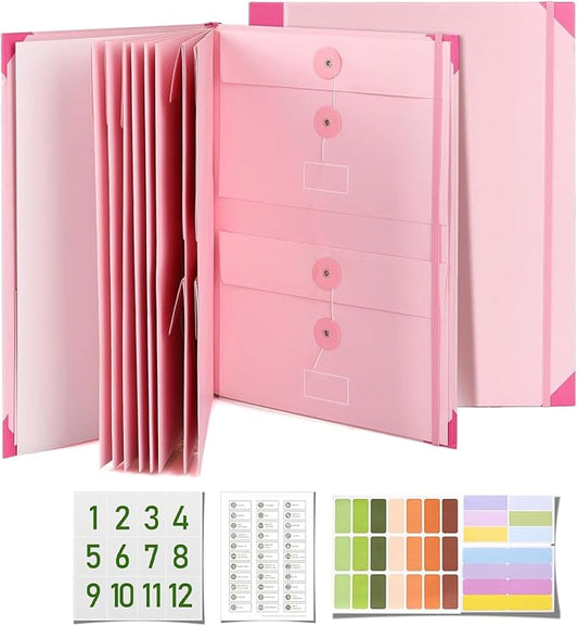 Important Document Organizer, File Folder with Labels and 12 Pockets, Expanding Storage Folder for Family Emergency Binder, Life Binder Organizer for Photos and Letters, Pink