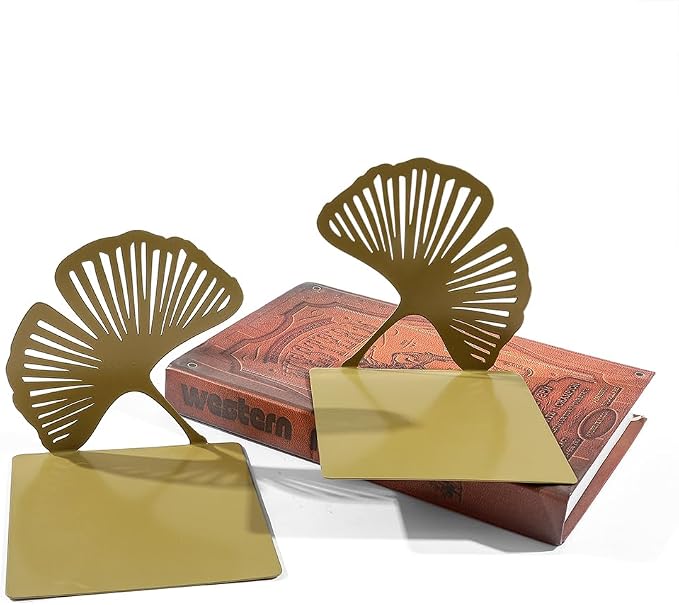Ginkgo Leaf Metal Bookend, Botanical Leaf Veins Heavy Duty Book Stand, Home and Office Bookshelf Decorative End of The Book (Big Ginkgo Leaf)