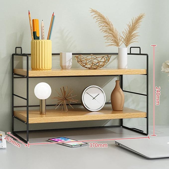 Desktop Shelf Organizer, Small Wood Countertop Bookshelf Adjustable Desktop Organizer Office, Desk Storage Tabletop Display Shelf for Home Office Kids Dorm (Wood Black Frame)