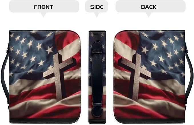 Medium Bible Cover Case for Women Men American Flag and Cross PU Leather Bible Case with Bookmark Church Bag Book Carrying Case Bible Cover for Women Men Bible Case for Men Women
