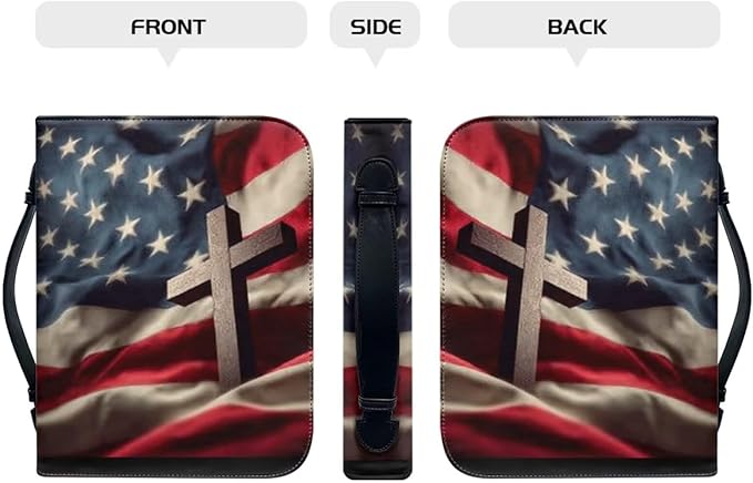 Medium Bible Cover Case for Women Men American Flag and Cross PU Leather Bible Case with Bookmark Church Bag Book Carrying Case Bible Cover for Women Men Bible Case for Men Women