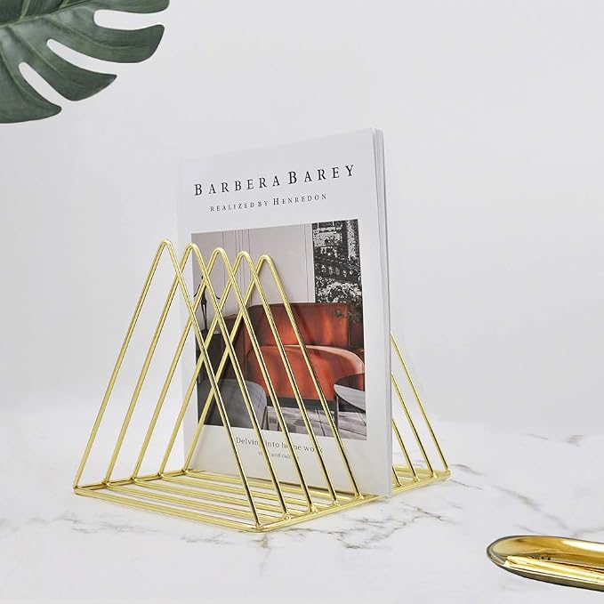 EASEPRES Gold File Holder Organizer, Triangle Record Album Holder Magazine Wire Rack, 9 Slot Multifunction Desktop Storage Decor for Home Office