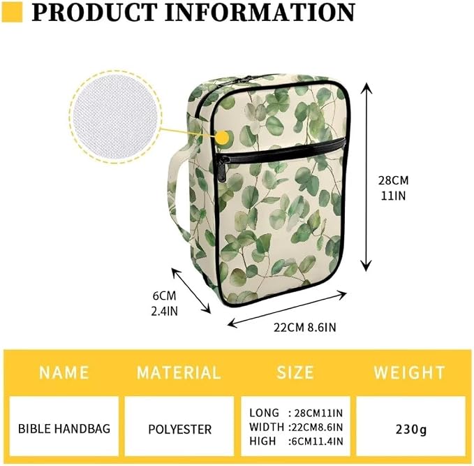 Coldinair Green Leaf Bible Covers for Women Men Kids Bible Case with Bookmark Large Carrying Book Case Church Bag Bible Protective with Pocket and Zipper