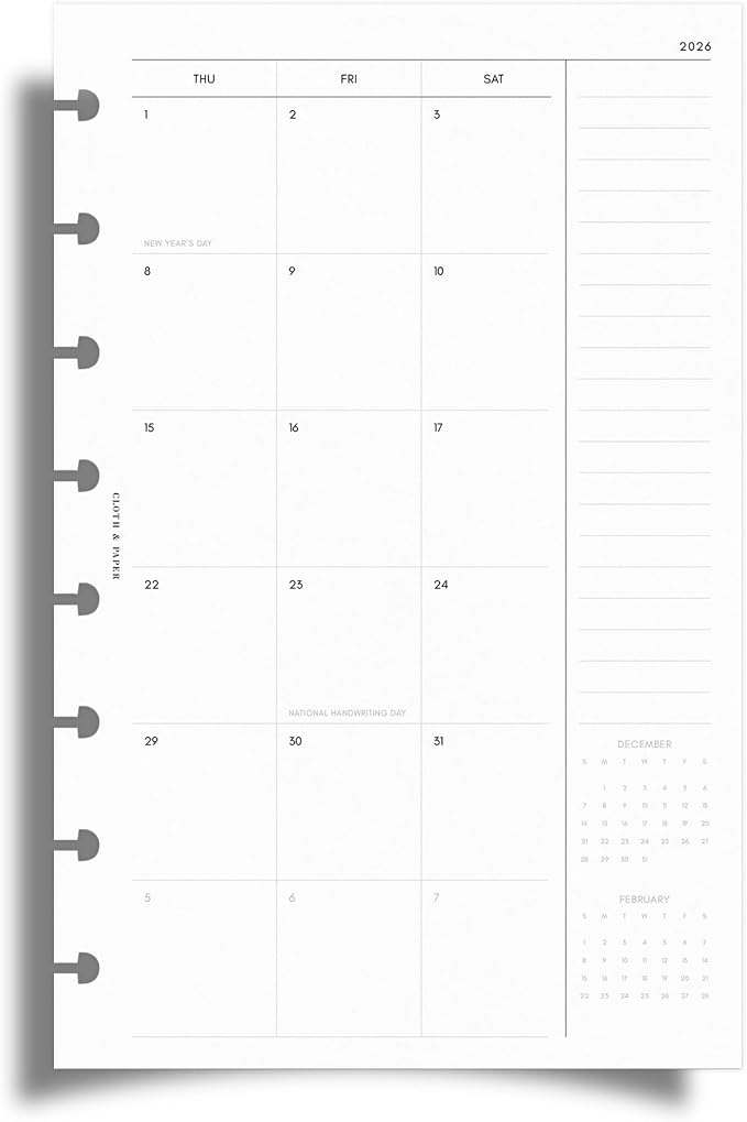Cloth & Paper 2026 Dated Monthly Planner Inserts | Half Letter Size 5.5 x 8.5 Inches | Discbound Planner Refill | Sunday Start, 84 Pages | 8 Disc Punch | Monthly Organizer Pages | Heavyweight Paper