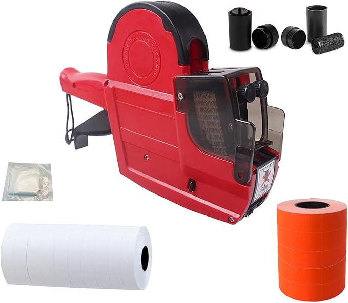 2-Line 20-Digit Price Gun,Pricing Tag Labeler w/ 1500 Orange 5300 White Labels 3 Ink Rolls Kit,Date Code Tagging Stickers Machine for Retail Garage Sale,Clothes Label Applicator (Plus)