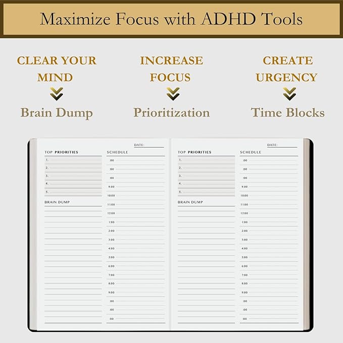 Time Blocking and ADHD Planner by Refine Days. 180 Undated Pages, To Do List, Hourly Schedule, Daily and Monthly Agenda. Time Management & Productivity Notebook. A5 (Black)
