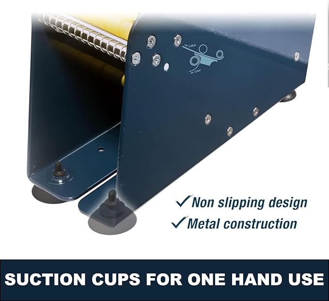 MDJ by Excell Manual Metal Label Sticker Dispenser with 4 Suction Cups Base for Tabletop, Adjustable Holder for Multiple Rolls for Office, Home, Warehouse, Easy Peel Off, Fits up to 3" Wide Labels