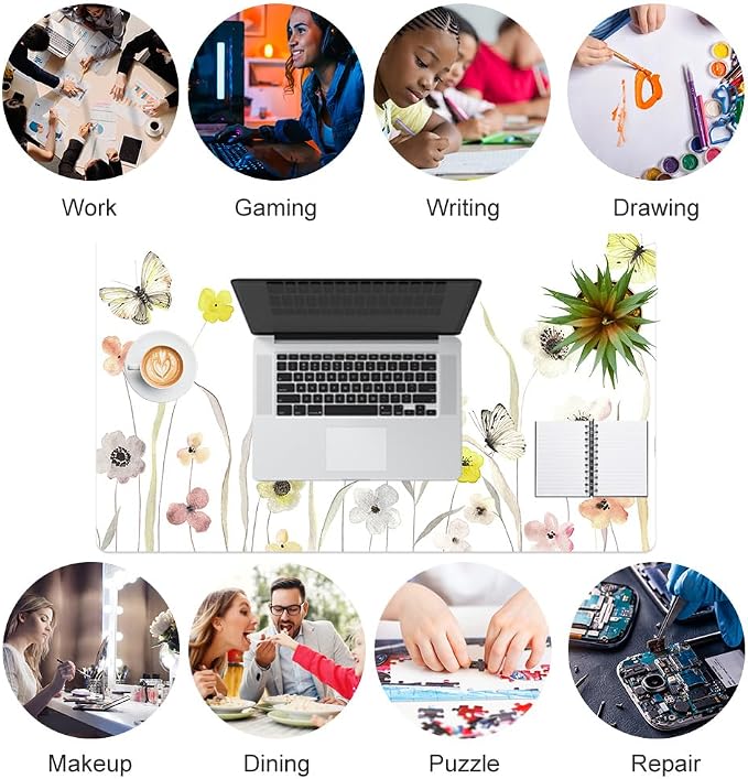 Colorful Star Large Mouse Pad, Watercolor Floral Desk Mat Office Supplies, Waterproof PU Leather Gaming Mousepad for Women Girls, Butterflies Desk Pad Home Office Décor Accessories 23.6" x 13.8"