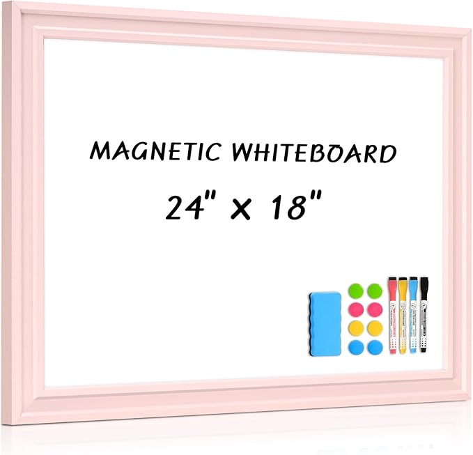 White Board for Wall, 24'' x 18'' Magnetic Dry Erase Board, Decorative Whiteboard with Pink Wooden Frame, Hanging Writing Board for Home Office School Dorm