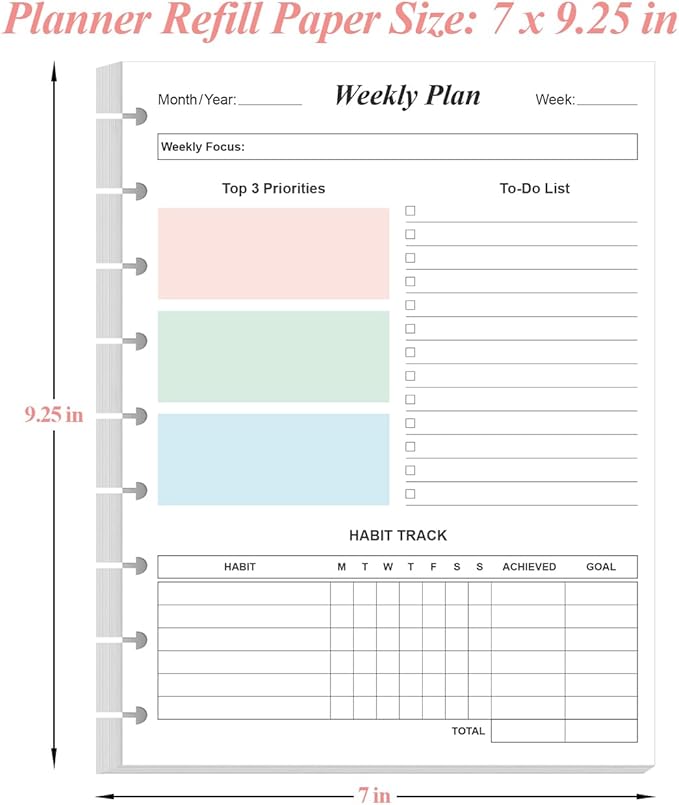 9 Disc Weekly Planner Undated Refills - Classic Size 53 Sheets/106 Pages Colorful Weekly Planner for Happy Planners Insert, 100 gsm White Paper, Lasts 1 Year, Undated, 7" x 9.25"
