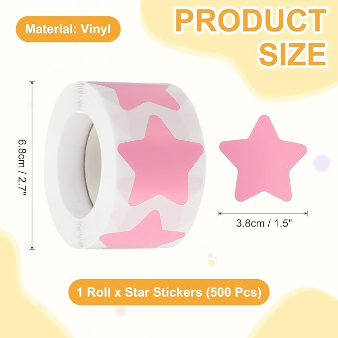 PATIKIL Star Stickers Roll 1.5", 500 Pcs Self-Adhesive Reward Stickers for Classroom Teacher Supplies and DIY Craft, Pink
